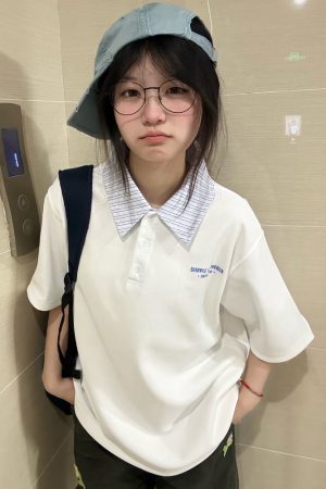 Korean Style Striped Patchwork Polo Collar White Short Sleeve T-Shirt for Women - Summer 2023 Trendy College Top