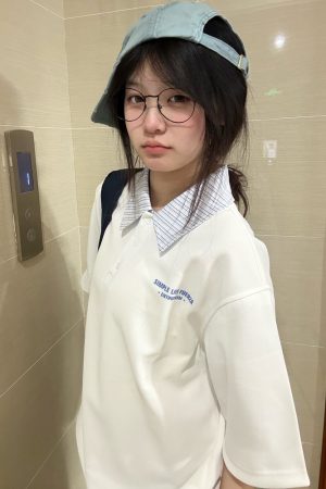 Korean Style Striped Patchwork Polo Collar White Short Sleeve T-Shirt for Women - Summer 2023 Trendy College Top