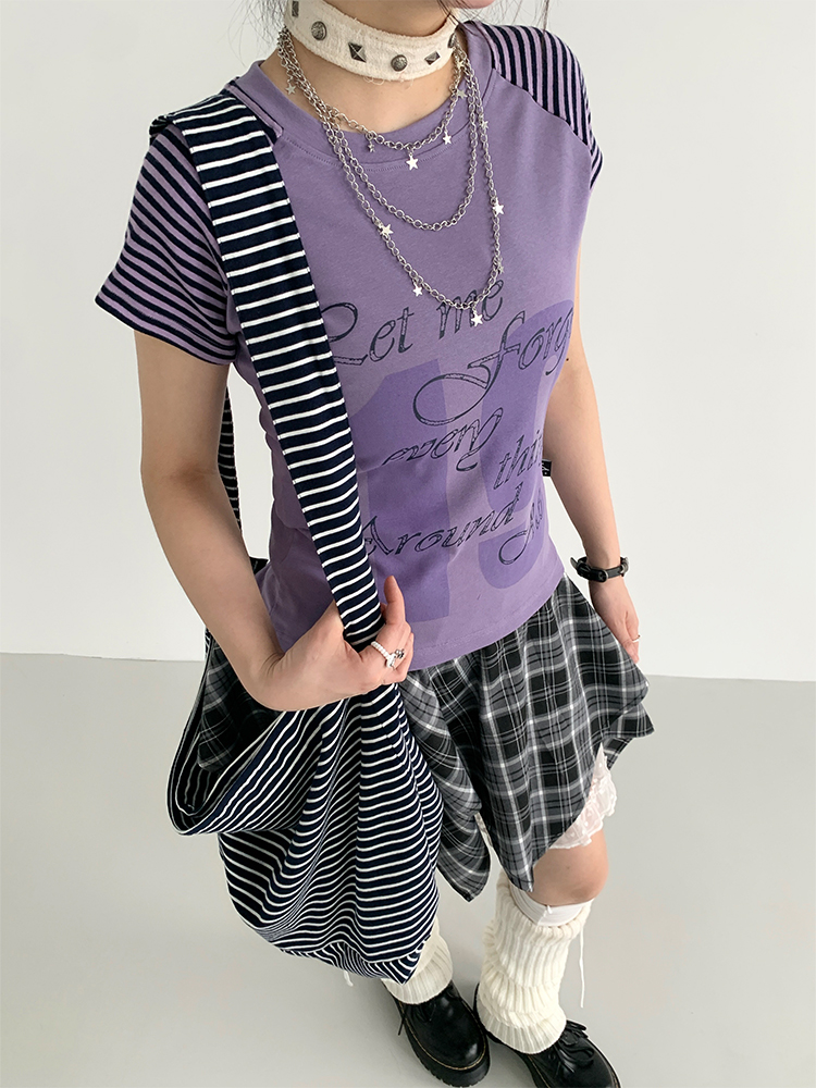 Korean Style Striped T-shirt for Women - Summer Spliced Raglan Sleeve Short Sleeve Top, Trendy Niche Fashion Korean Style Striped T-shirt for Women - Summer Spliced Raglan Sleeve Short Sleeve Top, Trendy Niche Fashion