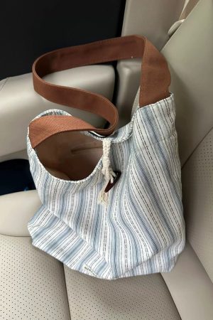Korean-Style Striped Tote Bag for Women - Minimalist Large Capacity Color-Blocking Casual Canvas Commuter Bucket Bag