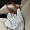 Korean-Style Striped Tote Bag for Women - Minimalist Large Capacity Color-Blocking Casual Canvas Commuter Bucket Bag