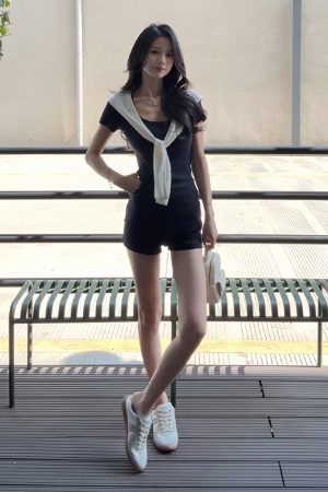 Korean Style Summer Three-Piece Set: Slim-Fit Short-Sleeve T-Shirt & Navy Blue Casual Shorts for Women