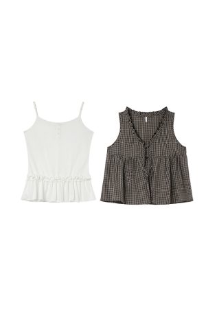 Korean-Style Two-Piece Checkered Camisole Vest Set for Women - Summer Slimming High-End Look