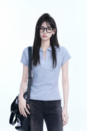 Korean-Style V-Neck Short Sleeve T-Shirt for Women - Slim Fit College Trendy Polo Top