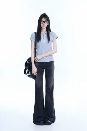 Korean-Style V-Neck Short Sleeve T-Shirt for Women - Slim Fit College Trendy Polo Top