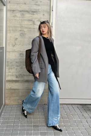 Korean-Style Washed High-Waisted Wide-Leg Jeans for Women, Loose Vintage Straight Pants, Spring Fashion Trousers