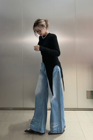 Korean-Style Washed High-Waisted Wide-Leg Jeans for Women, Loose Vintage Straight Pants, Spring Fashion Trousers