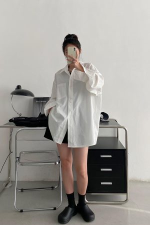 Korean Style White Long Sleeve Shirt for Women - Thin Cotton Casual Top in Sun Grapefruit, Perfect for Spring and Autumn