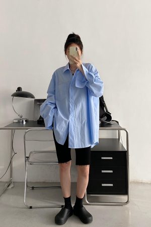 Korean Style White Long Sleeve Shirt for Women - Thin Cotton Casual Top in Sun Grapefruit, Perfect for Spring and Autumn
