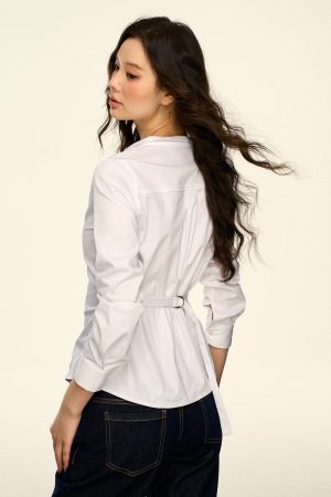 Korean-Style White V-Neck Long Sleeve Shirt for Women - Sexy Waist-Cinching Slim Fit Spring Autumn Top