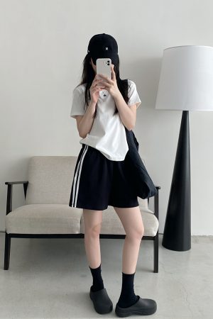 Korean Style Women's Summer Casual Striped Sports Shorts - Sun Grapefruit Straight-Leg Five-Point Sweatpants