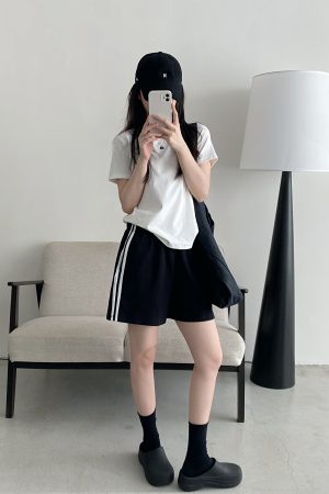 Korean Style Women's Summer Casual Striped Sports Shorts - Sun Grapefruit Straight-Leg Five-Point Sweatpants