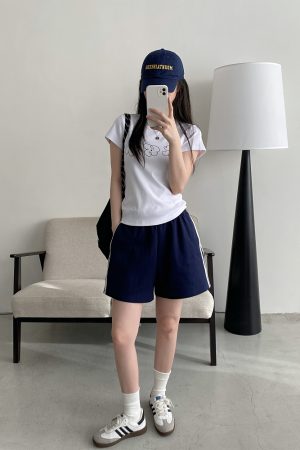 Korean Style Women's Summer Casual Striped Sports Shorts - Sun Grapefruit Straight-Leg Five-Point Sweatpants