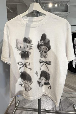 Korean Style Youthful Kitty Cartoon Print Casual Loose Fit Pure Cotton Short-Sleeve T-Shirt Top