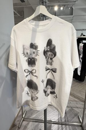 Korean Style Youthful Kitty Cartoon Print Casual Loose Fit Pure Cotton Short-Sleeve T-Shirt Top