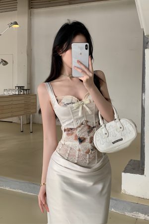 Lace Camisole and Fishbone Long Skirt Set for Women - Spring 2025 Sexy Fashion, Chic Look, Perfect for 90s and Y2K Styles