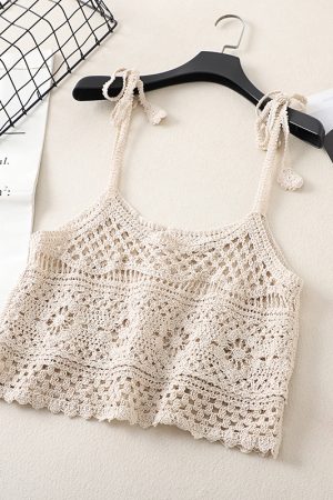 Lace Crochet Hollow Knit Tie-Back Tank Top for Women, Vintage Loose Sleeveless Cropped Summer Outerwear, Y2K Style
