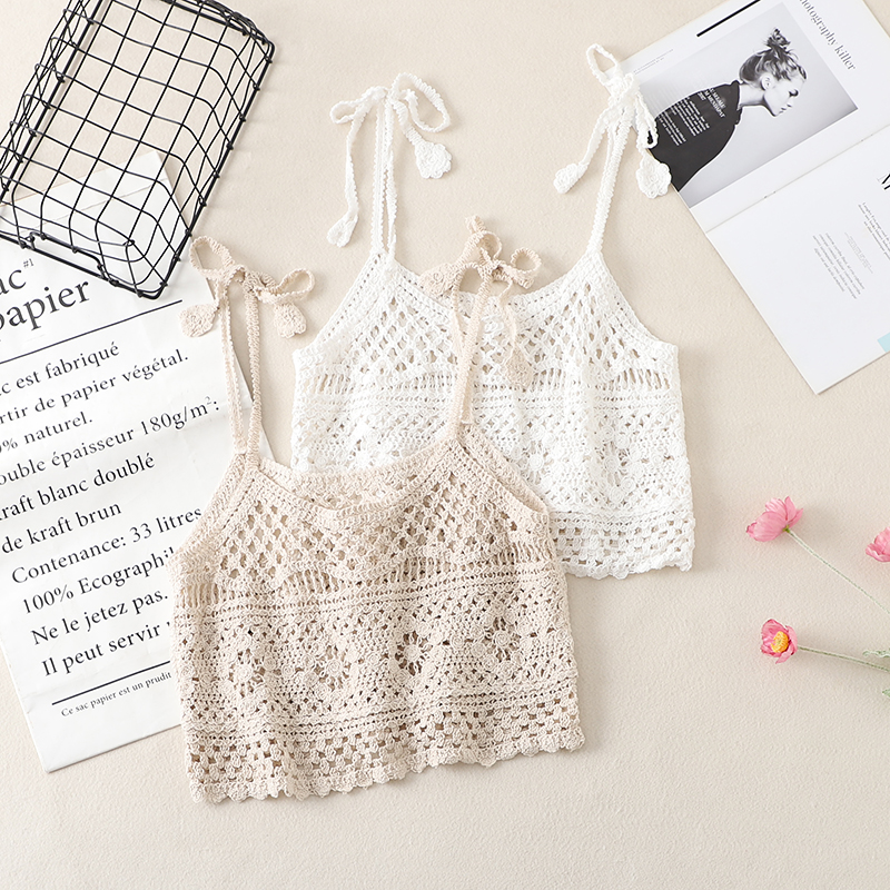 Lace Crochet Hollow Knit Tie-Back Tank Top for Women, Vintage Loose Sleeveless Cropped Summer Outerwear, Y2K Style Lace Crochet Hollow Knit Tie-Back Tank Top for Women, Vintage Loose Sleeveless Cropped Summer Outerwear, Y2K Style
