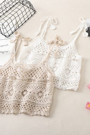 Lace Crochet Hollow Knit Tie-Back Tank Top for Women, Vintage Loose Sleeveless Cropped Summer Outerwear, Y2K Style