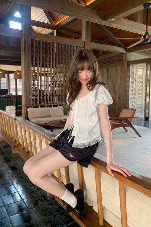 Lace Edge Tie Short-Sleeve Shirt for Women, Sweet Wind Summer Top, Exquisite Blouse, Stylish Summer Fashion, Y2K Inspired