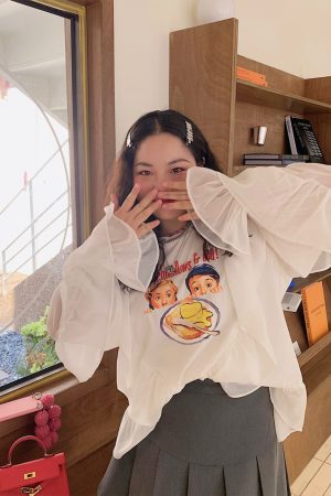 Lace-Edged Chiffon Shirt for Women, Loose Plus Size, Stylish Fashion Top, Belly-Covering, 90s-Inspired Chic Blouse