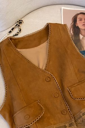 Lace Embroidered Patchwork Suede Vest for Women - Boho Short Cardigan for Travel Outfits, Ideal for 90s and Y2K Styles