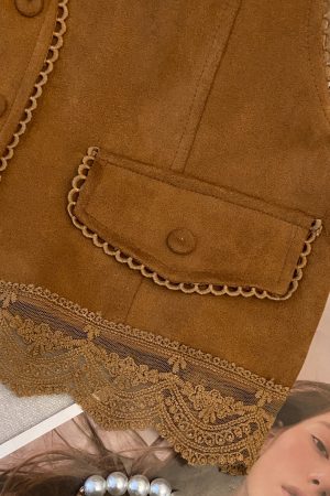 Lace Embroidered Patchwork Suede Vest for Women - Boho Short Cardigan for Travel Outfits, Ideal for 90s and Y2K Styles