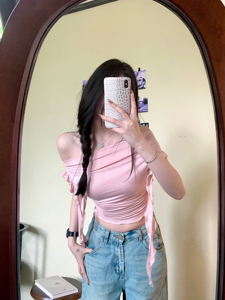 Lace Holiday Tune One-Shoulder Ruffle Edge Short Sleeve T-Shirt for Women - Flowing White Summer Top, Y2K Inspired Fashion Lace Holiday Tune One-Shoulder Ruffle Edge Short Sleeve T-Shirt for Women - Flowing White Summer Top, Y2K Inspired Fashion