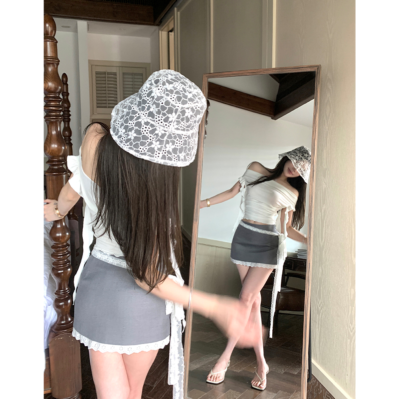 Lace Holiday Tune One-Shoulder Ruffle Edge Short Sleeve T-Shirt for Women - Flowing White Summer Top, Y2K Inspired Fashion Lace Holiday Tune One-Shoulder Ruffle Edge Short Sleeve T-Shirt for Women - Flowing White Summer Top, Y2K Inspired Fashion