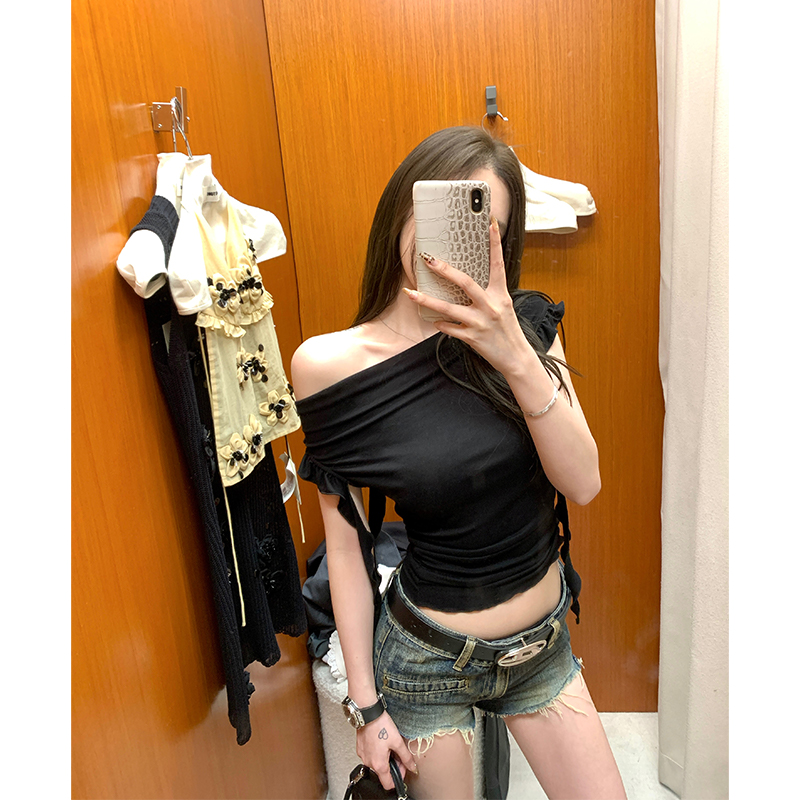 Lace Holiday Tune One-Shoulder Ruffle Edge Short Sleeve T-Shirt for Women - Flowing White Summer Top, Y2K Inspired Fashion Lace Holiday Tune One-Shoulder Ruffle Edge Short Sleeve T-Shirt for Women - Flowing White Summer Top, Y2K Inspired Fashion