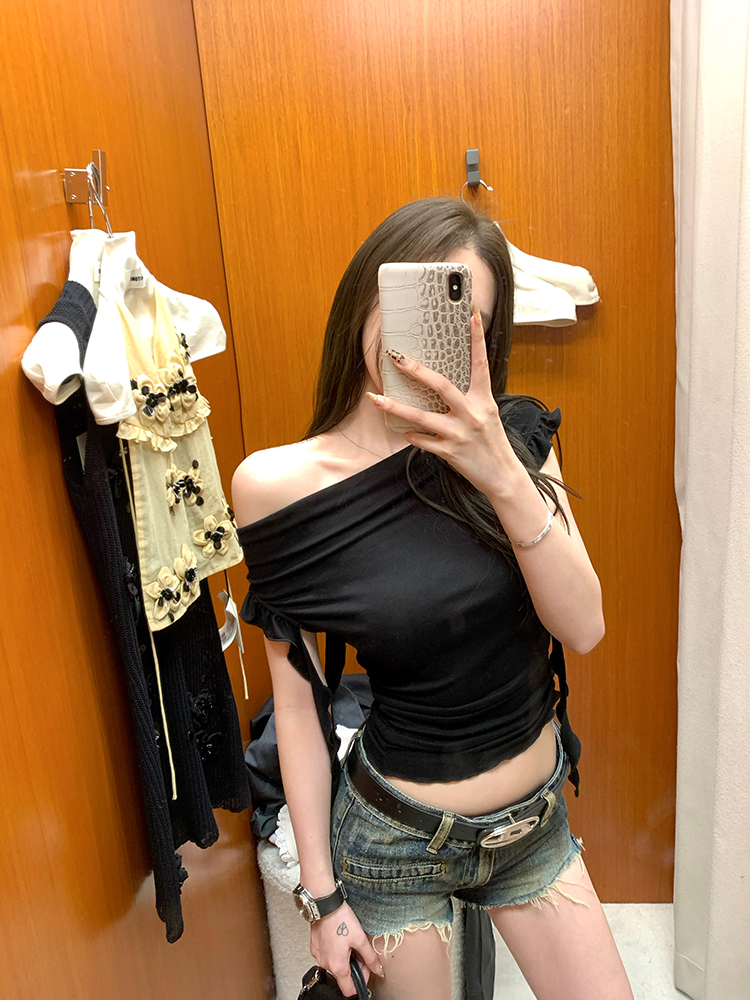 Lace Holiday Tune One-Shoulder Ruffle Edge Short Sleeve T-Shirt for Women - Flowing White Summer Top, Y2K Inspired Fashion Lace Holiday Tune One-Shoulder Ruffle Edge Short Sleeve T-Shirt for Women - Flowing White Summer Top, Y2K Inspired Fashion