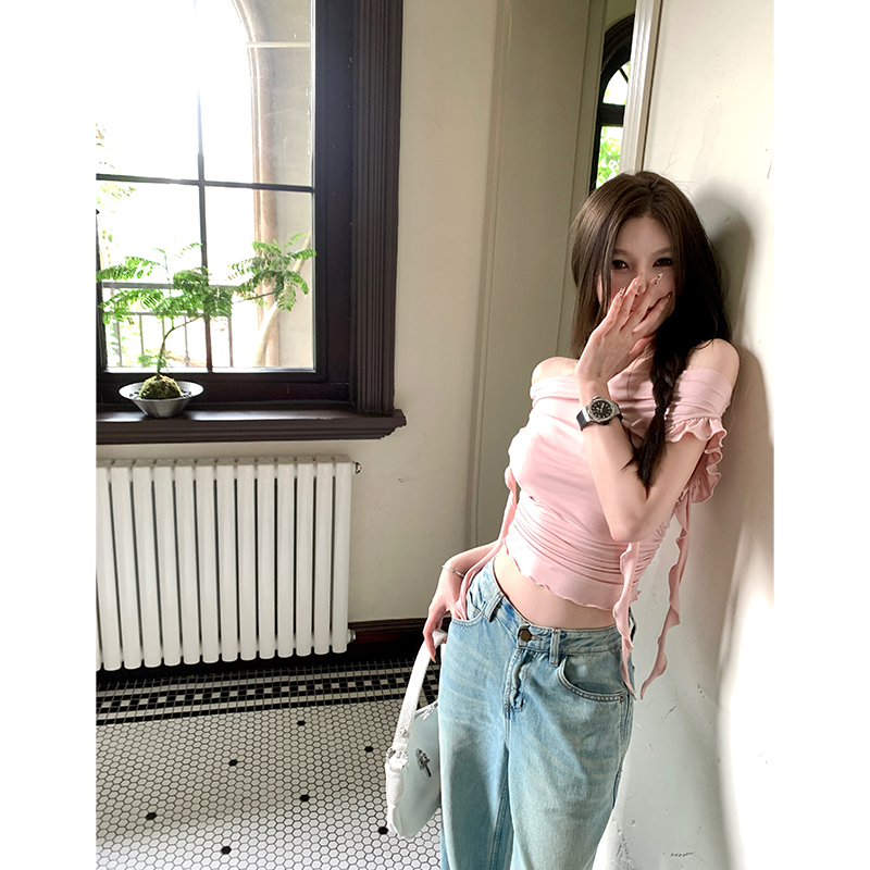 Lace Holiday Tune One-Shoulder Ruffle Edge Short Sleeve T-Shirt for Women - Flowing White Summer Top, Y2K Inspired Fashion Lace Holiday Tune One-Shoulder Ruffle Edge Short Sleeve T-Shirt for Women - Flowing White Summer Top, Y2K Inspired Fashion