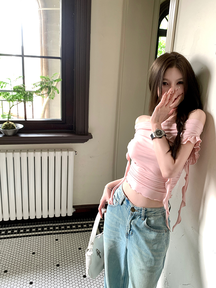 Lace Holiday Tune One-Shoulder Ruffle Edge Short Sleeve T-Shirt for Women - Flowing White Summer Top, Y2K Inspired Fashion Lace Holiday Tune One-Shoulder Ruffle Edge Short Sleeve T-Shirt for Women - Flowing White Summer Top, Y2K Inspired Fashion