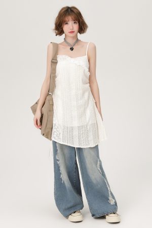 Lace Hollow-Out Camisole Dress for Women - Summer Layered Loose Slimming Dress, Girly Style, Niche Fashion, Y2K Trend