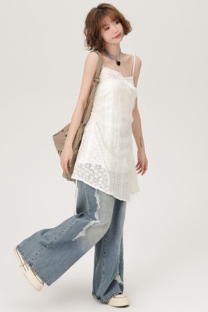Lace Hollow-Out Camisole Dress for Women - Summer Layered Loose Slimming Dress, Girly Style, Niche Fashion, Y2K Trend