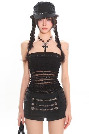 Lace Hollow Out Strapless Top and Long Pants Two-Piece Set for Women - Summer Fashion, Trendy Y2K Style