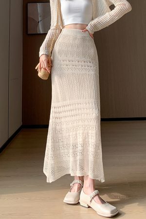 Lace Knitted Stretchy Pencil Skirt for Women - Slimming Bodycon Design with Ruffled Mermaid Hem, Perfect for Y2K and Chic Styles