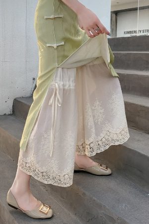 Lace Leggings with Anti-Exposure Lining, Cotton-Linen Wide-Leg Pants for Women, Layered Style for Hanfu and Qipao, Trendy Fashion Essential