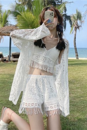 Lace Long-Sleeve Sun Protection Cardigan Set with Strapless Camisole and Shorts - Perfect for Seaside Vacation Style