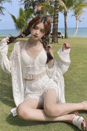 Lace Long-Sleeve Sun Protection Cardigan Set with Strapless Camisole and Shorts - Perfect for Seaside Vacation Style