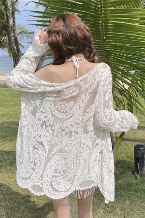 Lace Long-Sleeve Sun Protection Cardigan Set with Strapless Camisole and Shorts - Perfect for Seaside Vacation Style