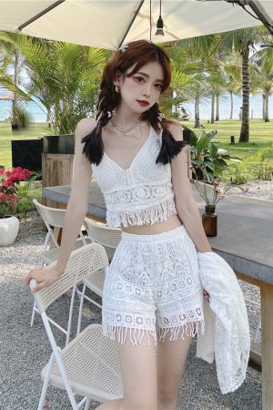 Lace Long-Sleeve Sun Protection Cardigan Set with Strapless Camisole and Shorts - Perfect for Seaside Vacation Style