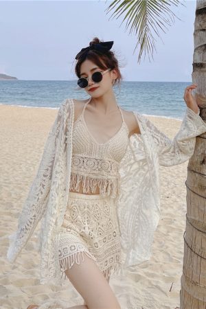Lace Long-Sleeve Sun Protection Cardigan Set with Strapless Camisole and Shorts - Perfect for Seaside Vacation Style