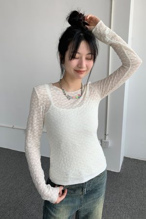 Lace Mesh Long Sleeve Versatile Layering Tee - Trendy Base Shirt for 90s and Y2K Fashion Styles