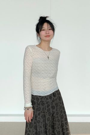 Lace Mesh Long Sleeve Versatile Layering Tee - Trendy Base Shirt for 90s and Y2K Fashion Styles