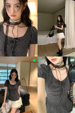 Lace Pleated Polka Dot Short Sleeve Shirt for Women - Elegant Slimming Waist Top, New Summer Style, Y2K Fashion