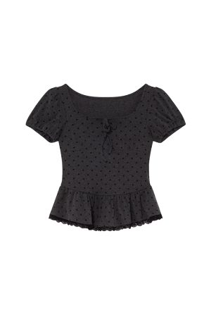 Lace Pleated Polka Dot Short Sleeve Shirt for Women - Elegant Slimming Waist Top, New Summer Style, Y2K Fashion