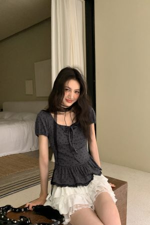 Lace Pleated Polka Dot Short Sleeve Shirt for Women - Elegant Slimming Waist Top, New Summer Style, Y2K Fashion