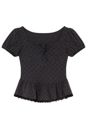 Lace Pleated Polka Dot Short Sleeve Shirt for Women - Elegant Slimming Waist Top, New Summer Style, Y2K Fashion