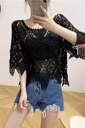 Lace Short-Sleeve Shawl Cover-Up Top for Women, Crochet Hollow-Out Blouse, Stylish Summer Knit Top with Skirt